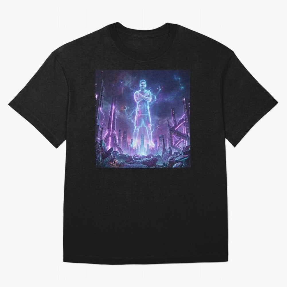 Lionel Messi (GOAT) Hologram in Futuristic Cyberpunk City Classic T-Shirt Feel the FIFA World Cup 2026 USA Canada Mexico Journey through Mbappe and Neymar Highlights, Germany Pride, Stadium Memories, Football Loyalty, International Chants and