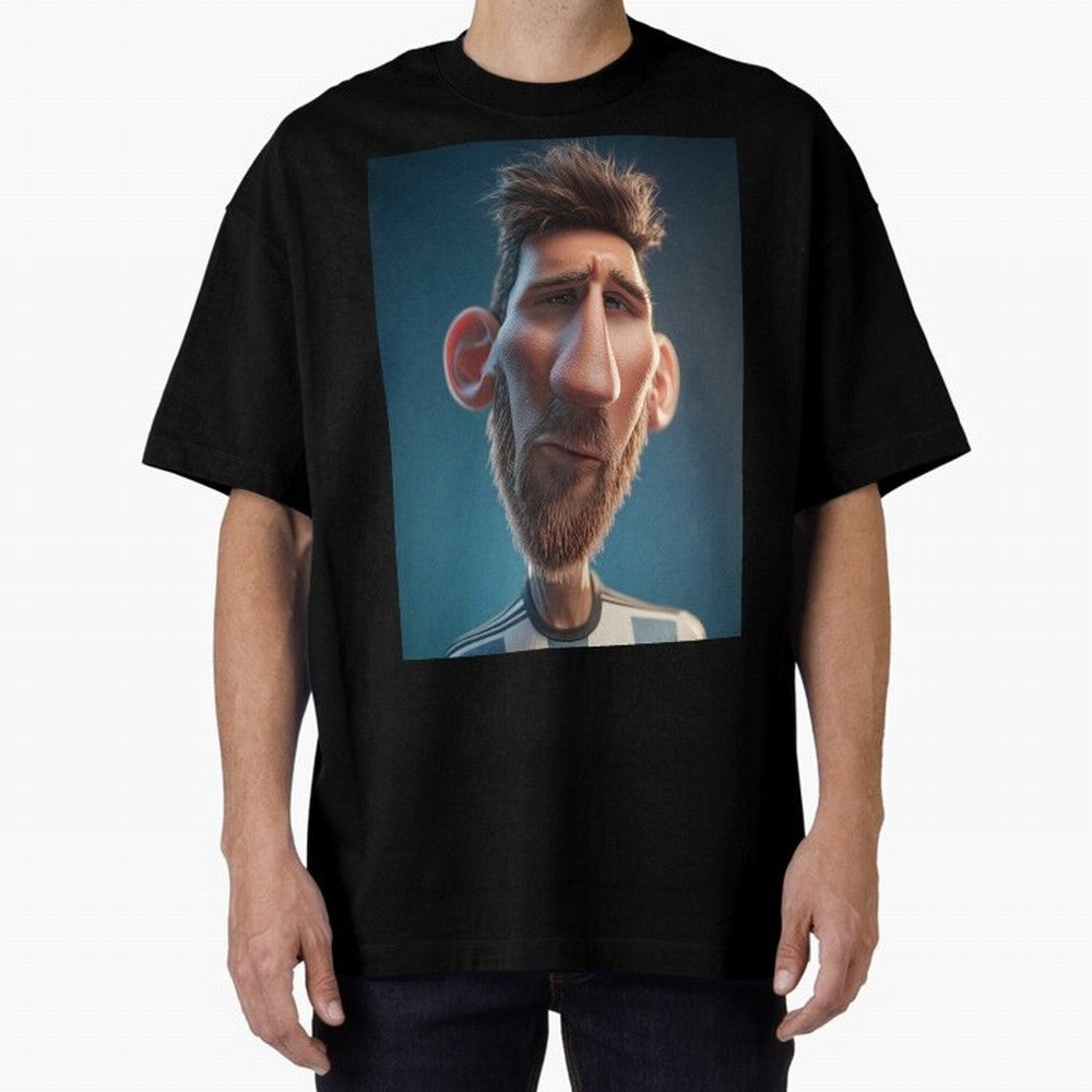 Lionel Messi Funny Soccer Cartoon Football Star Oversized T-Shirt Celebrate National Team Dreams in FIFA World Cup 2026 Group Stage Spirit, Highlighting Argentina and Brazil, Cristiano Ronaldo, Championship Spirit, Famous Goals, Roaring Crowds and