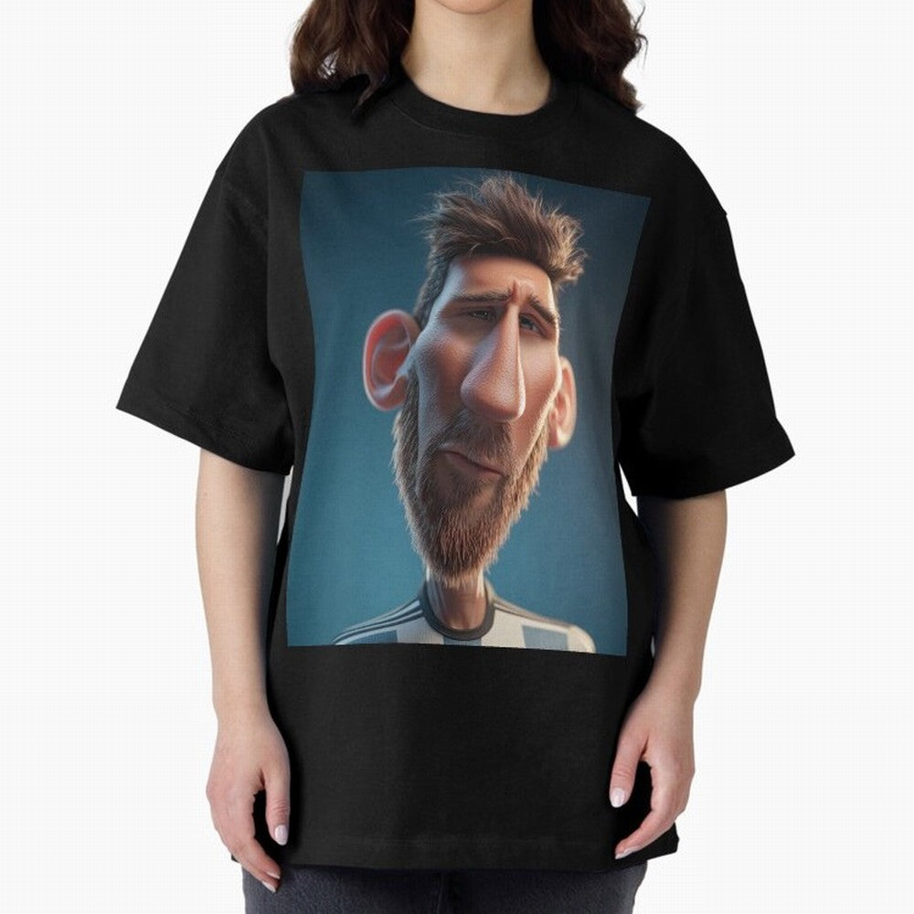 Lionel Messi Funny Soccer Cartoon Football Star Oversized T-Shirt Celebrate National Team Dreams in FIFA World Cup 2026 Group Stage Spirit, Highlighting Argentina and Brazil, Cristiano Ronaldo, Championship Spirit, Famous Goals, Roaring Crowds and