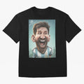 Lionel Messi Caricature Art with Autograph Oversized T-Shirt Share the FIFA World Cup 2026 USA Canada Mexico Journey through CR7 and Messi Highlights, Portugal, Spain and Germany Pride, Stadium Memories, Football Loyalty, International Chants and