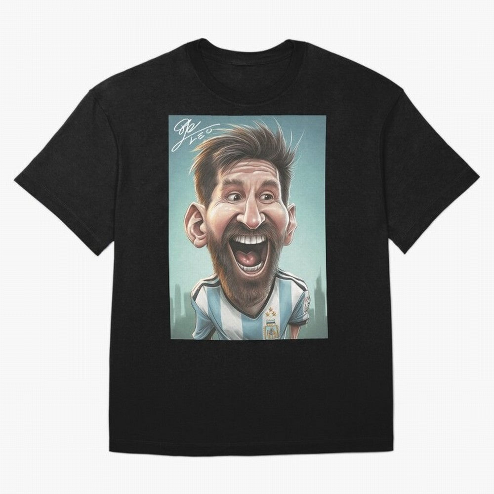 Lionel Messi Caricature Art with Autograph Oversized T-Shirt Share the FIFA World Cup 2026 USA Canada Mexico Journey through CR7 and Messi Highlights, Portugal, Spain and Germany Pride, Stadium Memories, Football Loyalty, International Chants and