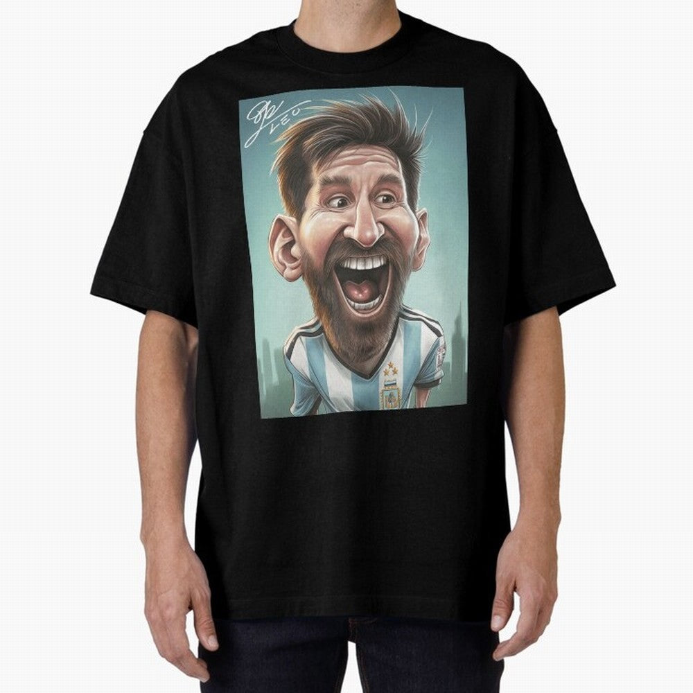 Lionel Messi Caricature Art with Autograph Oversized T-Shirt Share the FIFA World Cup 2026 USA Canada Mexico Journey through CR7 and Messi Highlights, Portugal, Spain and Germany Pride, Stadium Memories, Football Loyalty, International Chants and