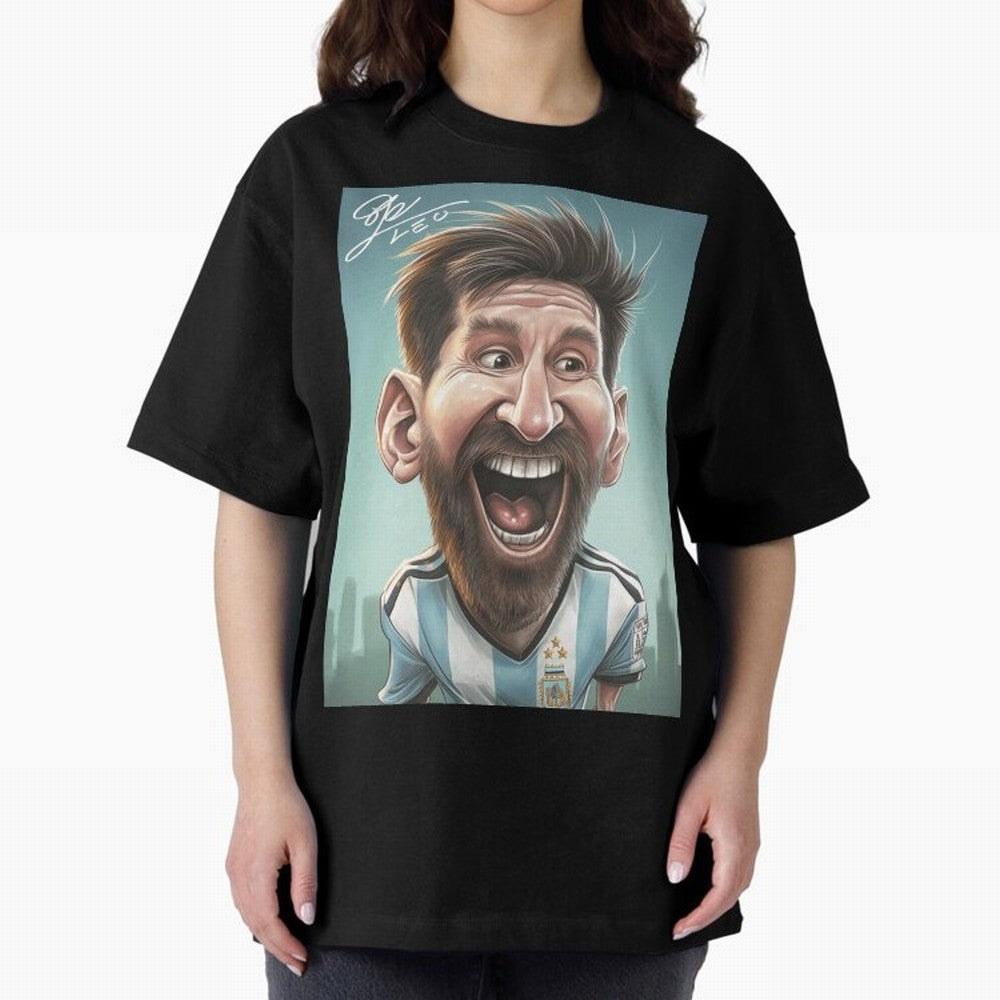 Lionel Messi Caricature Art with Autograph Oversized T-Shirt Share the FIFA World Cup 2026 USA Canada Mexico Journey through CR7 and Messi Highlights, Portugal, Spain and Germany Pride, Stadium Memories, Football Loyalty, International Chants and