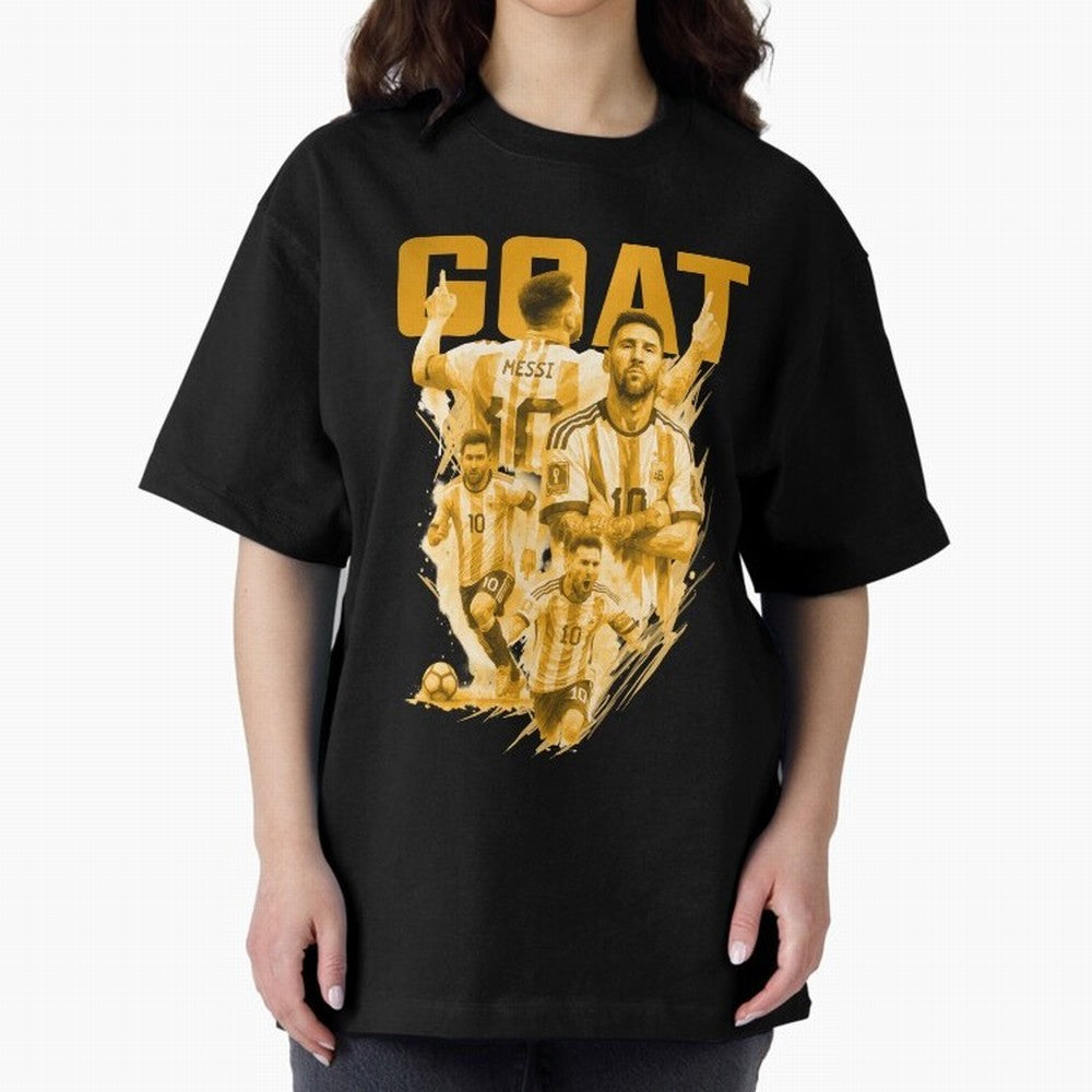 GOLD GOAT Lionel Messi watercolor illustration Oversized T-Shirt Celebrate the Next Chapter of FIFA World Cup 2026 USA Canada Mexico with Neymar, France and Portugal Energy, Champion Mindset, Group Stage Buzz, Knockout Tension and Passionate Fan