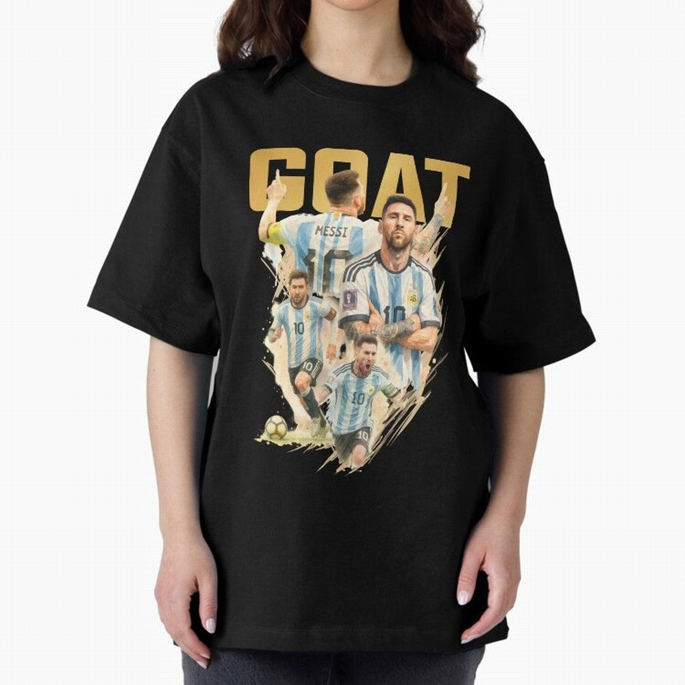 GOAT Lionel Messi watercolor illustration Oversized T-Shirt Spotlight the FIFA World Cup 2026 Journey through Messi, CR7 and Mbappe Highlights, England, France and Netherlands Pride, Football Passion, Legendary Performances, Festival Vibes and
