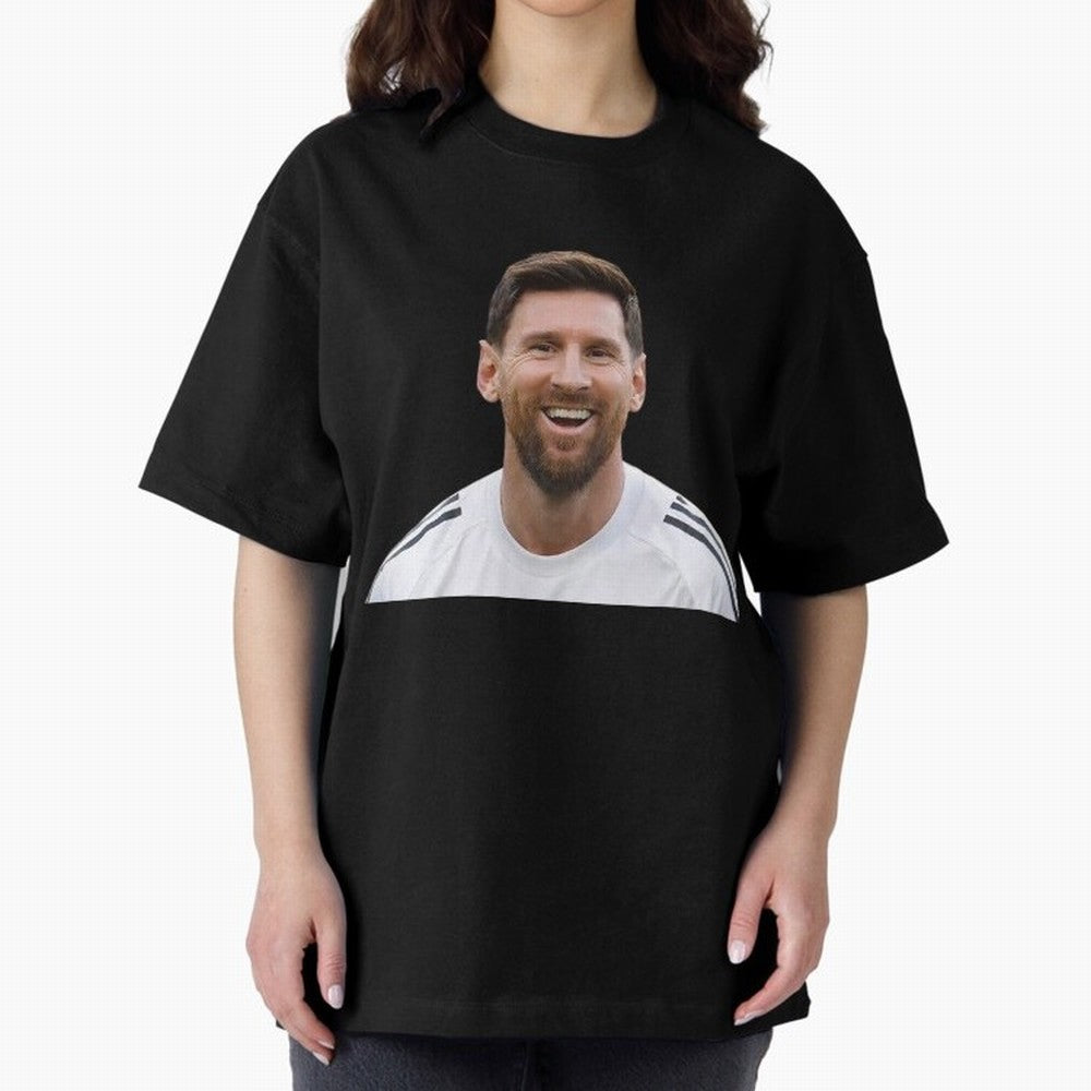 Lionel Messi smiling Oversized T-Shirt Treasure FIFA World Cup 2026 USA Canada Mexico for Fans of Messi and Cristiano Ronaldo and England and Germany, Bringing Vintage Soccer Flavor, Modern Football Stars, National Flags and Final Night Emotion;