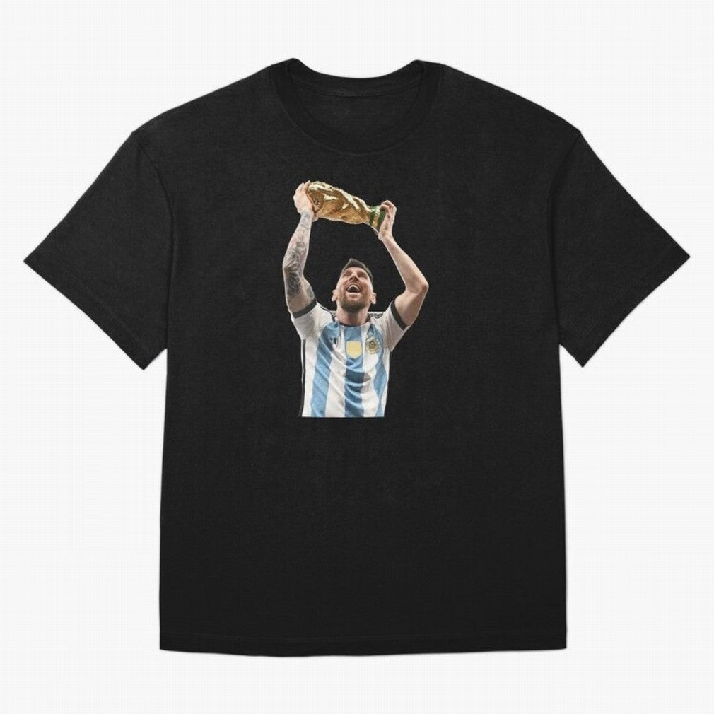 Lionel Messi lifting the World Cup Classic T-Shirt Capture Stadium Memories from FIFA World Cup 2026 USA Canada Mexico for Fans of Mbappe and England and Germany, Bringing Championship Spirit, Famous Goals, Roaring Crowds and International Football