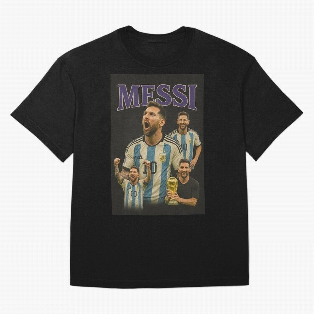 Lionel Messi Retro T-Shirt | 90s Football GOAT Collage Tee Boxy T-Shirt Fuel the Hype around FIFA World Cup 2026 Group Stage Spirit, with France and Portugal, Messi, Neymar and Mbappe, Vintage Soccer Flavor, Modern Football Stars, National Flags