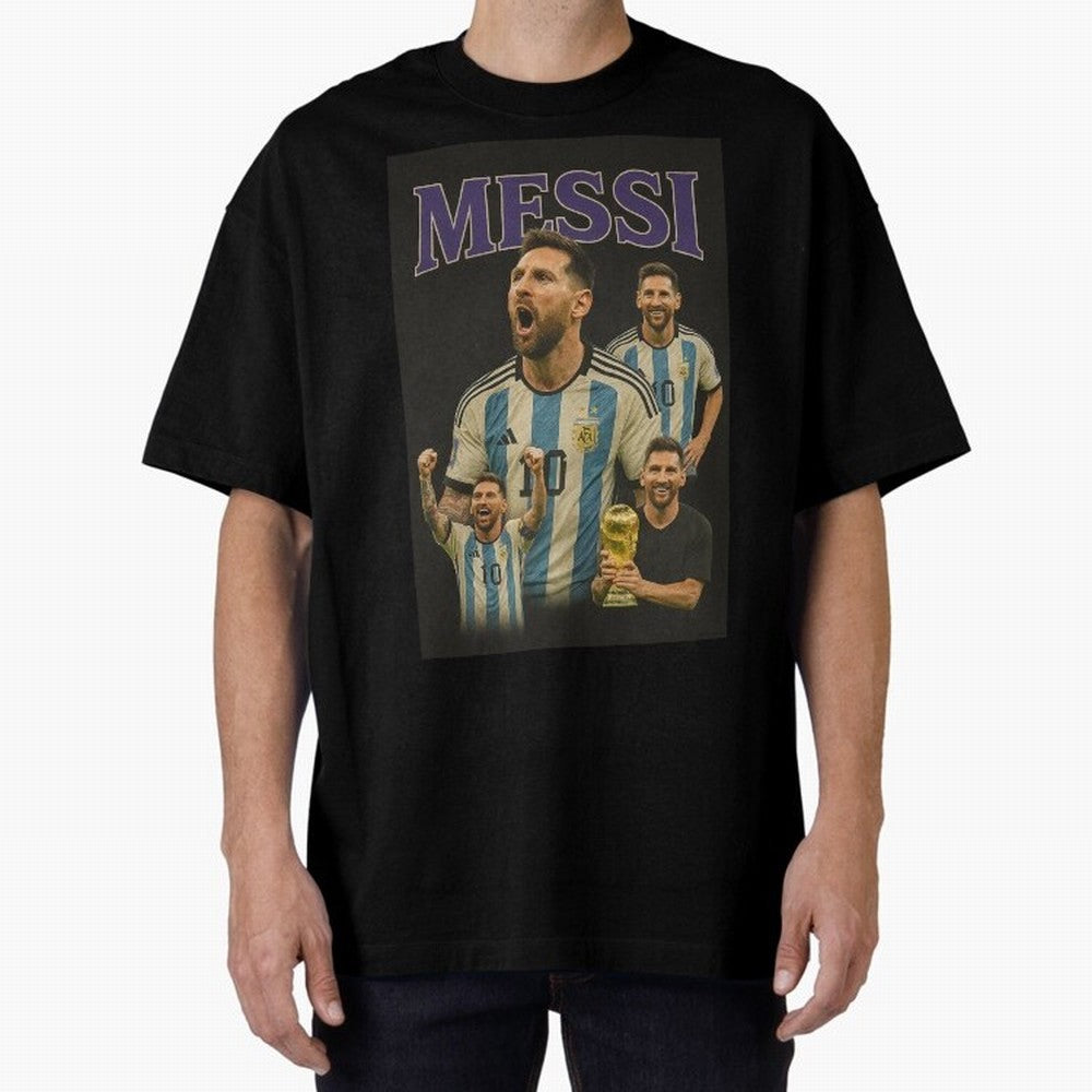 Lionel Messi Retro T-Shirt | 90s Football GOAT Collage Tee Boxy T-Shirt Fuel the Hype around FIFA World Cup 2026 Group Stage Spirit, with France and Portugal, Messi, Neymar and Mbappe, Vintage Soccer Flavor, Modern Football Stars, National Flags