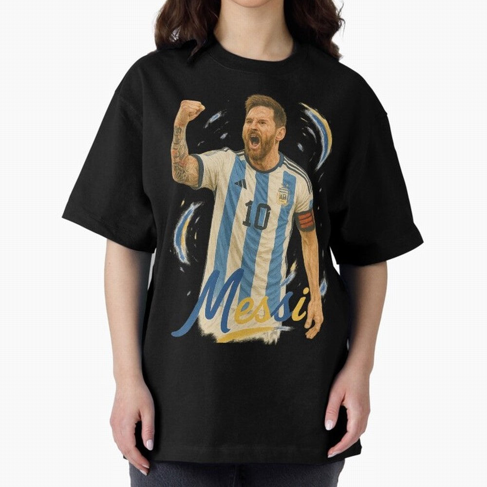 Lionel Messi Argentina Art ¨C Iconic World Cup Champion Tribute Design	 Oversized T-Shirt Support Iconic Players in FIFA World Cup 2026 Group Stage Spirit, Inspired by Spain, Messi, Neymar and Mbappe, Supporter Pride, Iconic Celebrations, Legendary
