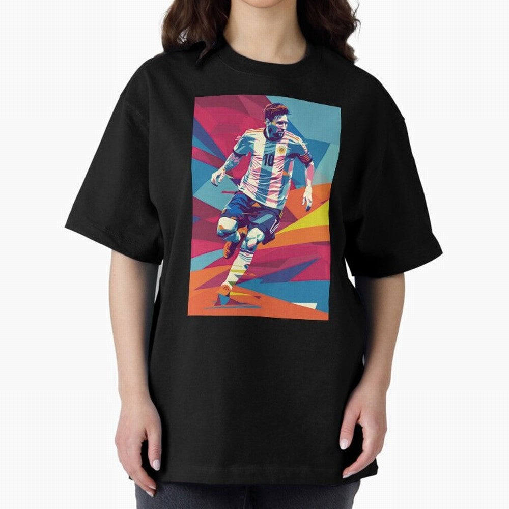 Messi in action Graphic poster design Premium T-Shirt Spotlight Global Football Passion for FIFA World Cup 2026 USA Canada Mexico, Connected to CR7 and Messi, Portugal, Supporter Pride, Iconic Celebrations, Legendary Names and Global Match Day