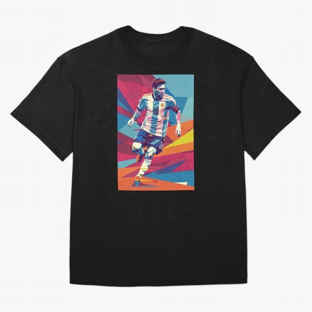 Messi in action Graphic poster design Premium T-Shirt Spotlight Global Football Passion for FIFA World Cup 2026 USA Canada Mexico, Connected to CR7 and Messi, Portugal, Supporter Pride, Iconic Celebrations, Legendary Names and Global Match Day