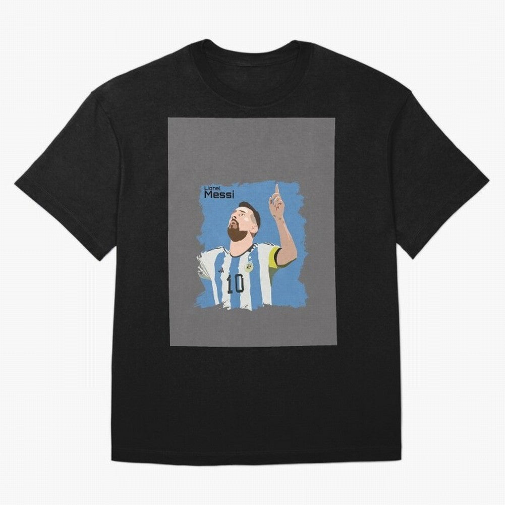 Lionel Messi Triumphant Argentina Portrait Graphic T-Shirt Honor Football Greatness during FIFA World Cup 2026 USA Canada Mexico Connected to Messi and Cristiano Ronaldo, Spain and Netherlands Energy, Football Festival Excitement, Trophy Ambitions,