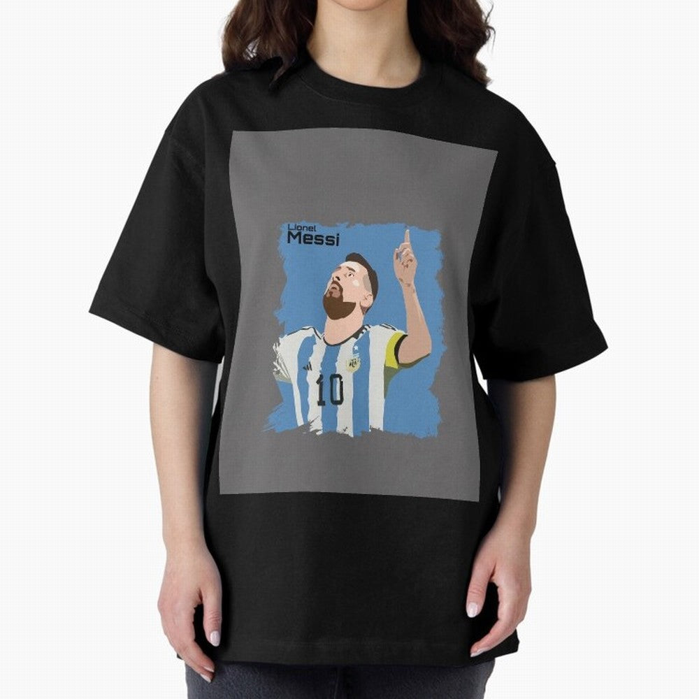 Lionel Messi Triumphant Argentina Portrait Graphic T-Shirt Honor Football Greatness during FIFA World Cup 2026 USA Canada Mexico Connected to Messi and Cristiano Ronaldo, Spain and Netherlands Energy, Football Festival Excitement, Trophy Ambitions,