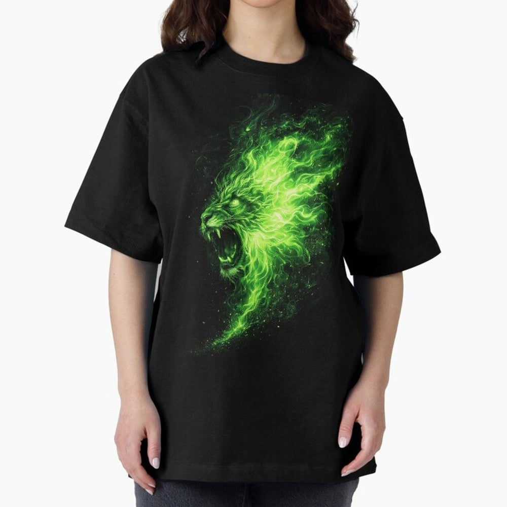 Neon Green Flame Lion ¨C Glowing Fire Roar Beast Graphic | Dark Aesthetic Streetwear Design Graphic T-Shirt Join Supporters Worldwide for the FIFA World Cup 2026 Journey through Messi, Neymar and Mbappe Highlights, Portugal, Spain and Germany