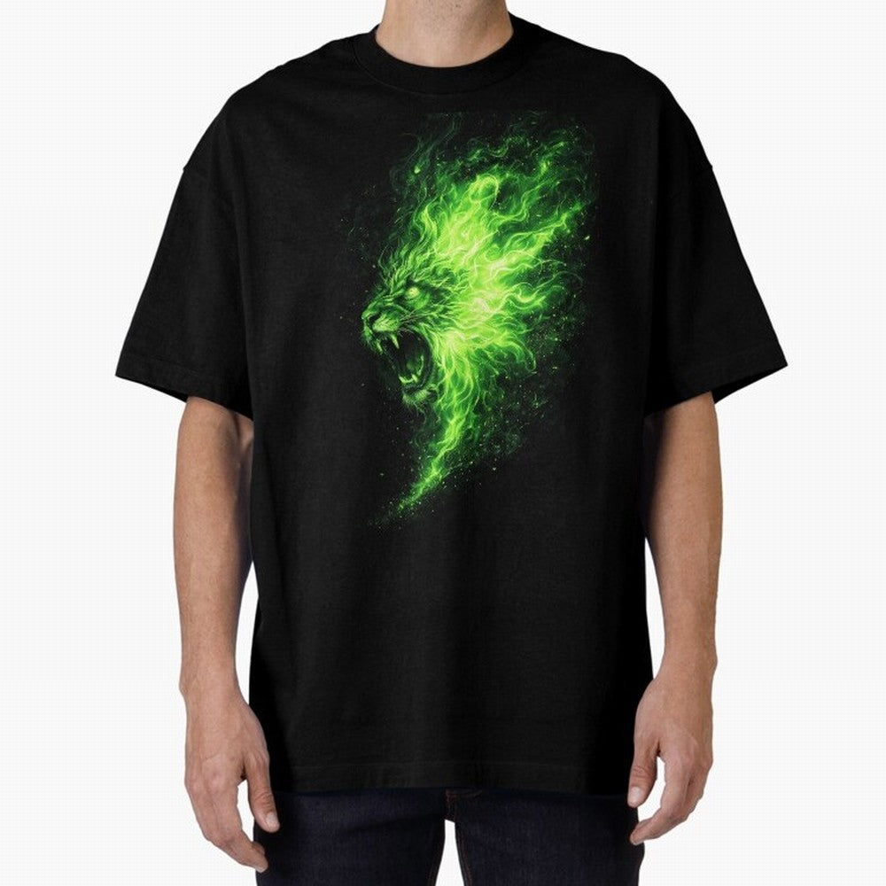 Neon Green Flame Lion ¨C Glowing Fire Roar Beast Graphic | Dark Aesthetic Streetwear Design Graphic T-Shirt Join Supporters Worldwide for the FIFA World Cup 2026 Journey through Messi, Neymar and Mbappe Highlights, Portugal, Spain and Germany