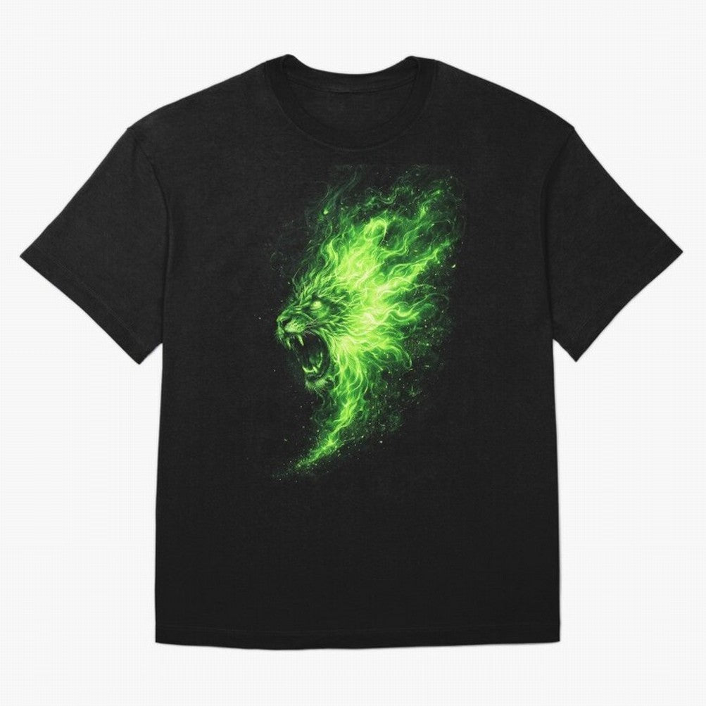 Neon Green Flame Lion ¨C Glowing Fire Roar Beast Graphic | Dark Aesthetic Streetwear Design Graphic T-Shirt Join Supporters Worldwide for the FIFA World Cup 2026 Journey through Messi, Neymar and Mbappe Highlights, Portugal, Spain and Germany