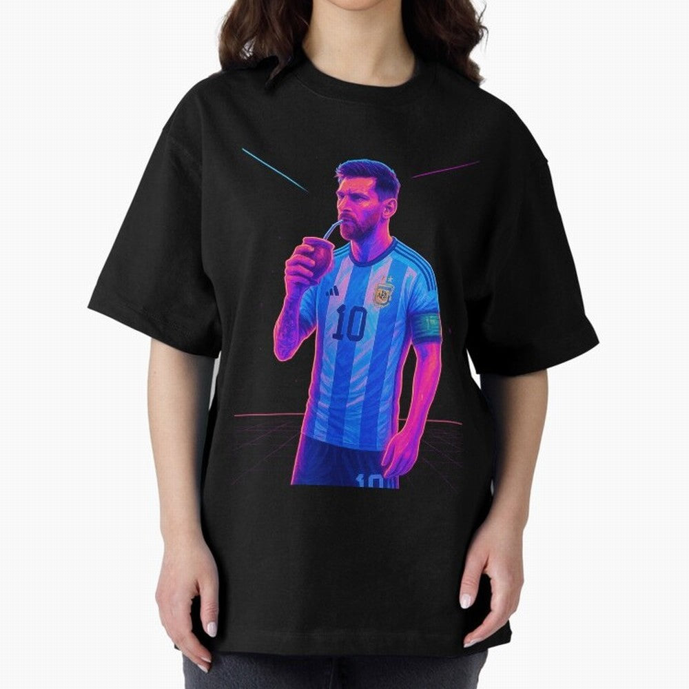Messi The Goat Art Neon Synthwave Cyberpunk ¨C Retro Futuristic Classic T-Shirt Celebrate Every Goal in FIFA World Cup 2026 USA Canada Mexico for Fans of Mbappe and Brazil, Bringing Football History, Final Match Energy, Crowd Noise and Once in a