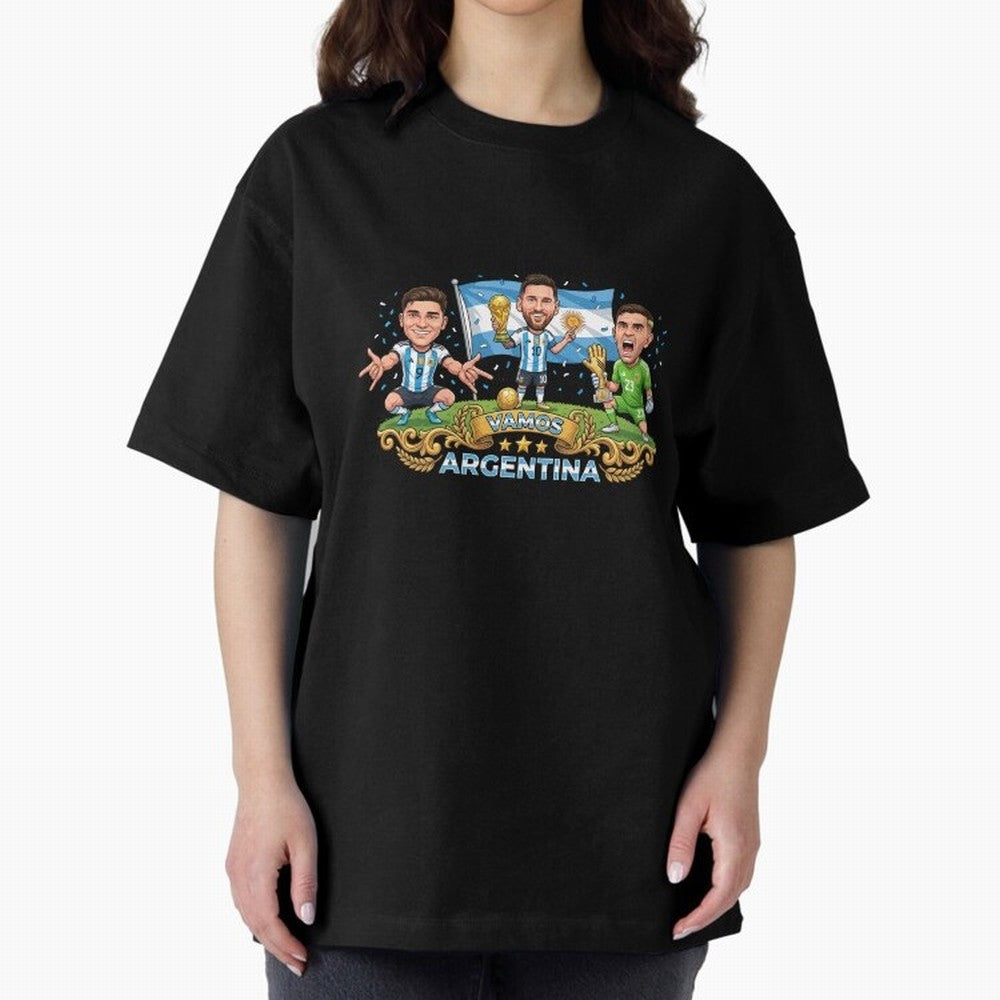 Argentina World Champions Messi Cartoon Classic T-Shirt Carry National Pride through the FIFA World Cup 2026 Group Stage Journey through Neymar, Haaland and Cristiano Ronaldo Highlights, France and Portugal Pride, Sports Nostalgia, International