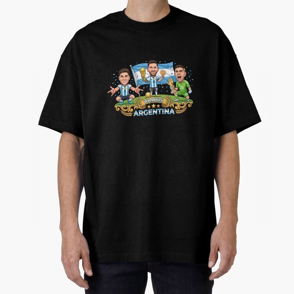 Argentina World Champions Messi Cartoon Classic T-Shirt Carry National Pride through the FIFA World Cup 2026 Group Stage Journey through Neymar, Haaland and Cristiano Ronaldo Highlights, France and Portugal Pride, Sports Nostalgia, International