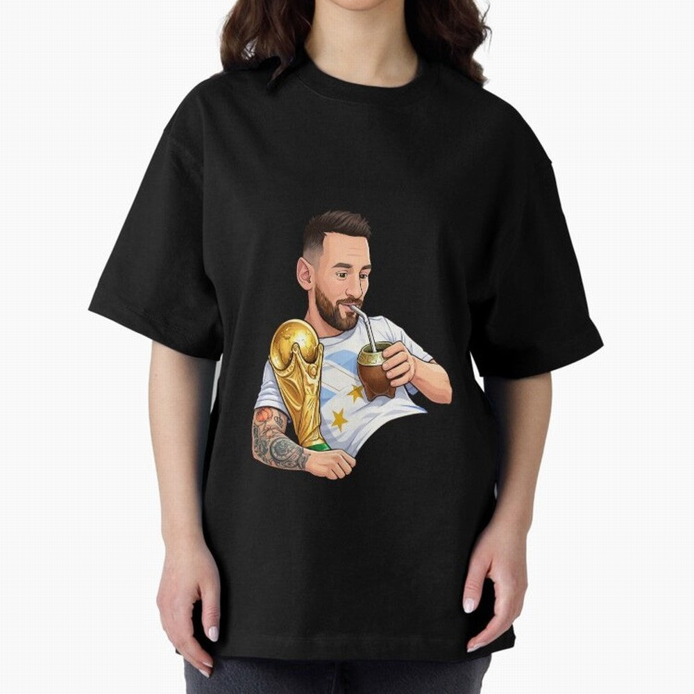 Messi drinking mate and his World Cup trophy Graphic T-Shirt Treasure Global Football Passion for FIFA World Cup 2026 Group Stage, Inspired by Mbappe and Neymar, Portugal, Spain and Germany, Stadium Memories, Football Loyalty, International Chants