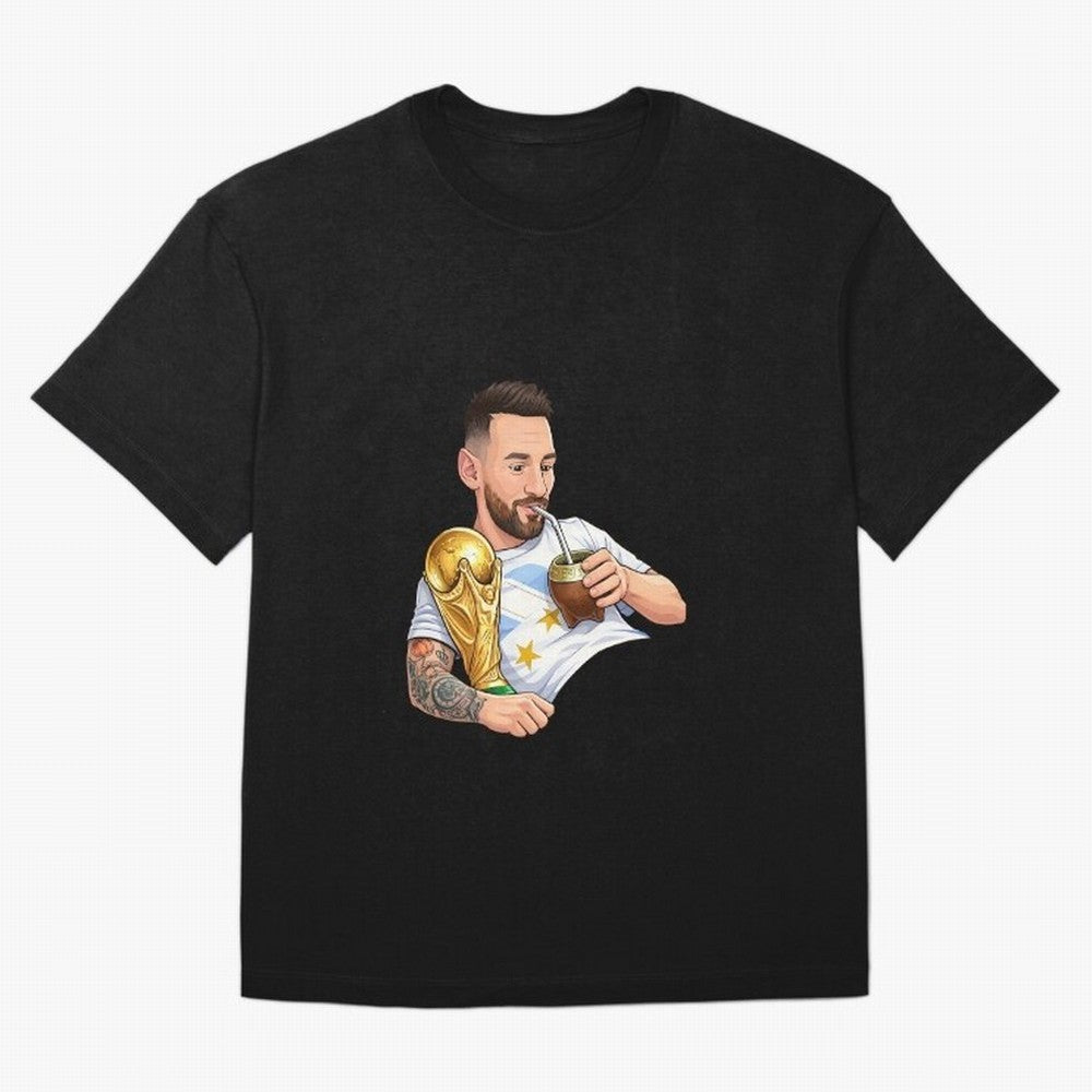 Messi drinking mate and his World Cup trophy Graphic T-Shirt Treasure Global Football Passion for FIFA World Cup 2026 Group Stage, Inspired by Mbappe and Neymar, Portugal, Spain and Germany, Stadium Memories, Football Loyalty, International Chants