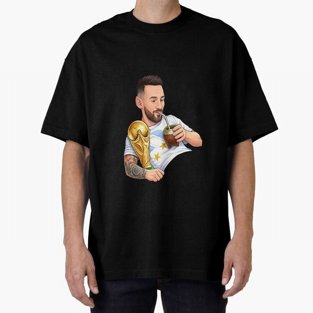 Messi drinking mate and his World Cup trophy Graphic T-Shirt Treasure Global Football Passion for FIFA World Cup 2026 Group Stage, Inspired by Mbappe and Neymar, Portugal, Spain and Germany, Stadium Memories, Football Loyalty, International Chants