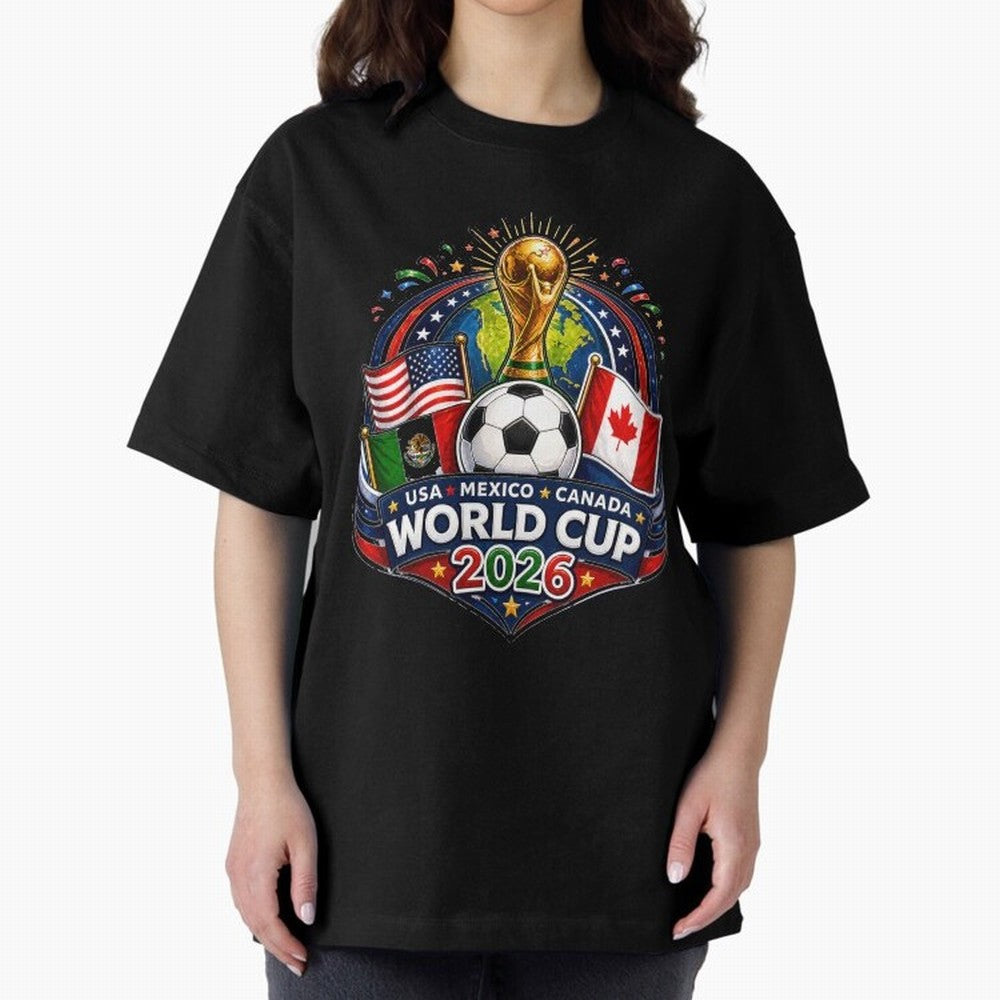 World Cup 2026 Sticker ¨C USA Mexico Canada Football Trophy Design Classic T-Shirt Cheer through Every Moment of Global Football Passion for FIFA World Cup 2026 Group Stage, Centered on Messi and Cristiano Ronaldo, Spain and Netherlands, Global