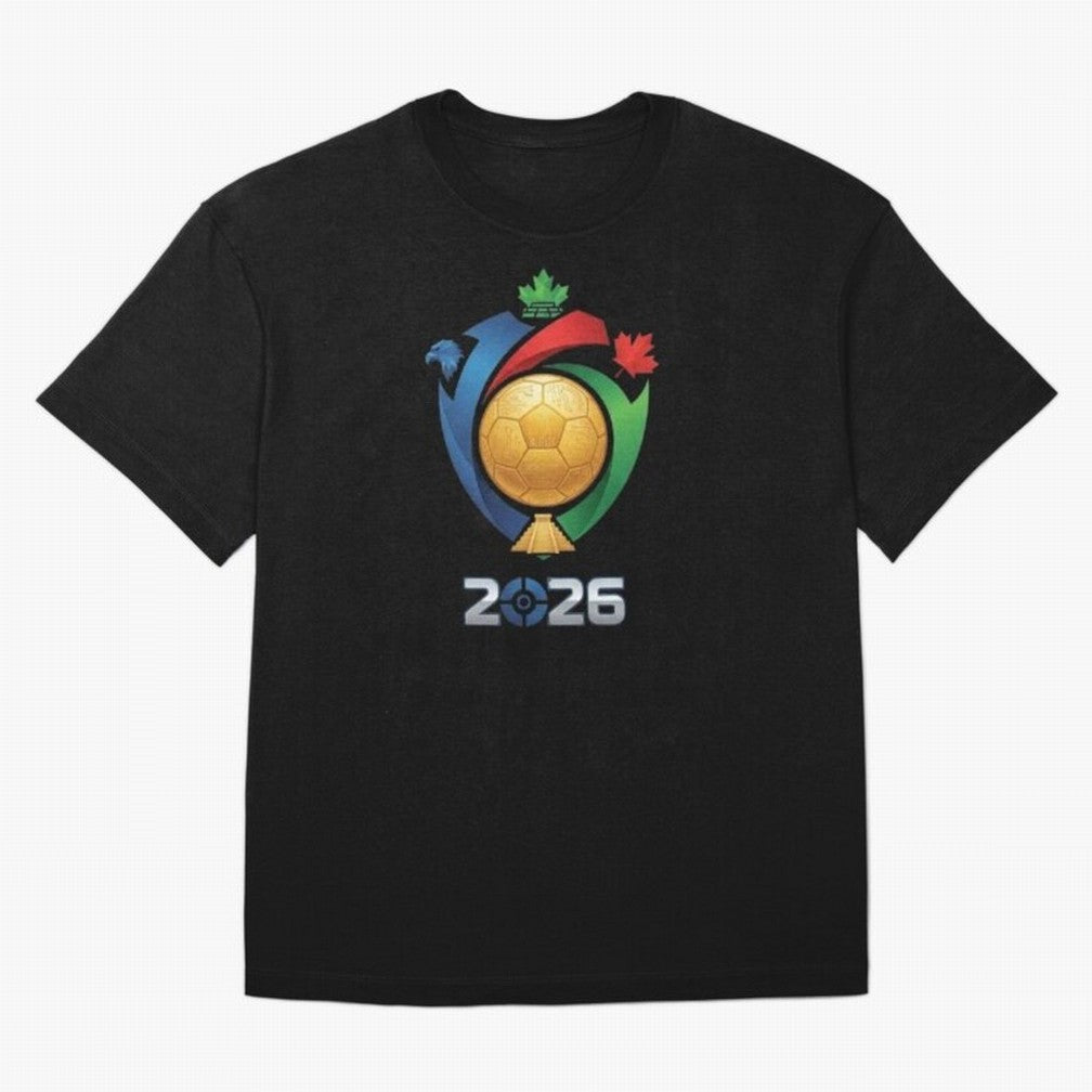 Golden Soccer Ball 2026 Host Nations Emblem Classic T-Shirt Stand Out with Spirit from FIFA World Cup 2026 Group Stage Filled with Mbappe and Neymar, Brazil Energy, Game Day Rituals, Football Legends, Country Pride and the Road to the Final; Built