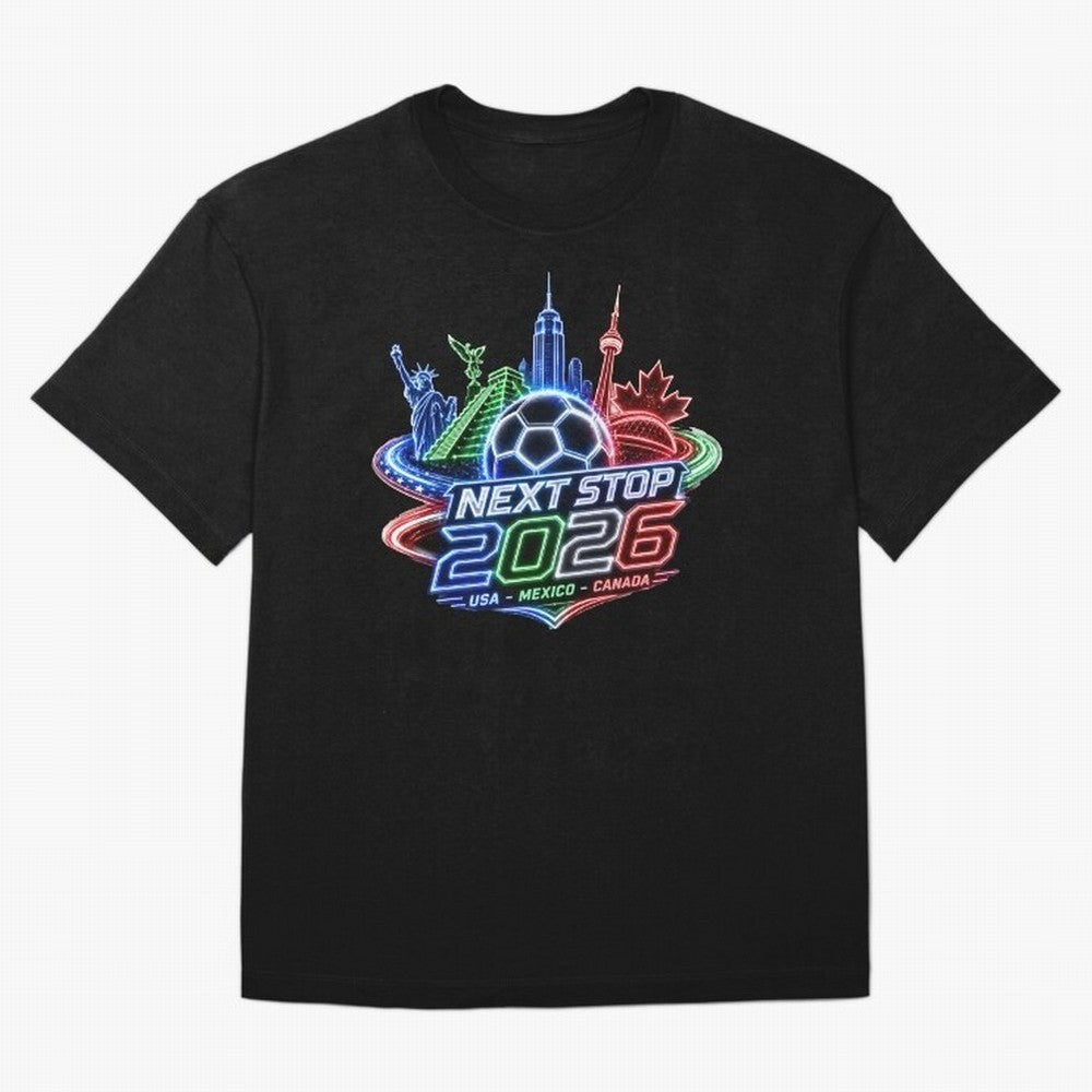 Next Stop 2026 USA Mexico Canada Neon Soccer Emblem Classic T-Shirt Carry the Dream of the FIFA World Cup 2026 Group Stage Journey through Cristiano Ronaldo Highlights, England and Germany Pride, Classic Soccer Heritage, Championship Pressure, Fan