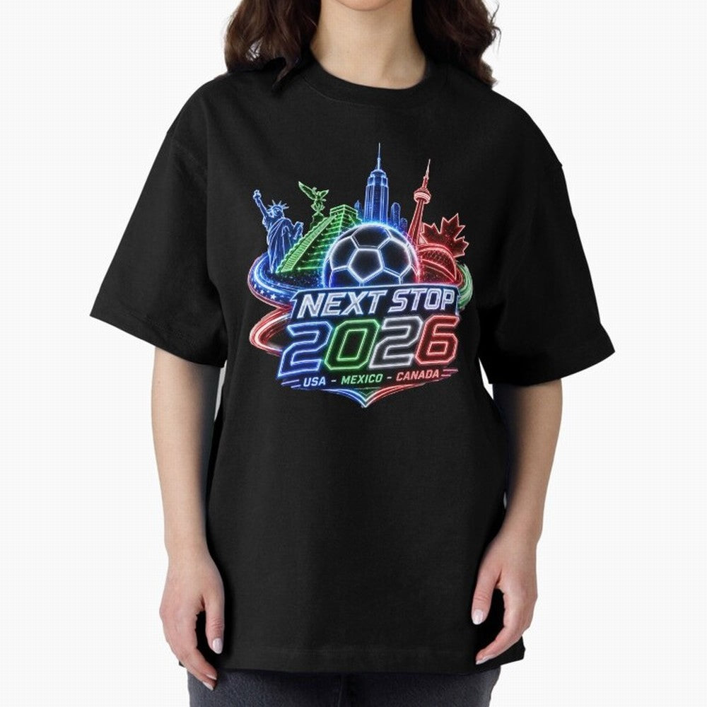 Next Stop 2026 USA Mexico Canada Neon Soccer Emblem Classic T-Shirt Carry the Dream of the FIFA World Cup 2026 Group Stage Journey through Cristiano Ronaldo Highlights, England and Germany Pride, Classic Soccer Heritage, Championship Pressure, Fan