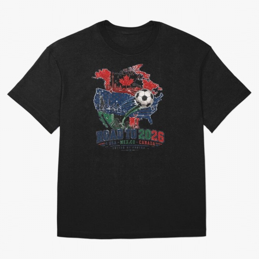Road to 2026 USA Mexico Canada Soccer Badge Classic T-Shirt Follow the Final Road of the FIFA World Cup 2026 Journey through Mbappe Highlights, Portugal, Spain and Germany Pride, Championship Spirit, Famous Goals, Roaring Crowds and International