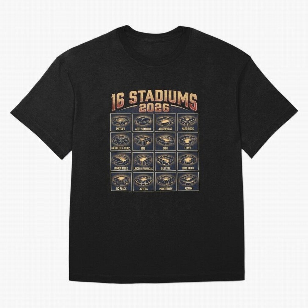 Sixteen Stadiums for 2026 World Cup Classic T-Shirt Capture Stadium Memories from FIFA World Cup 2026 USA Canada Mexico Highlighting Messi and Cristiano Ronaldo, Germany Energy, Sports Nostalgia, International Competition, Famous Players and