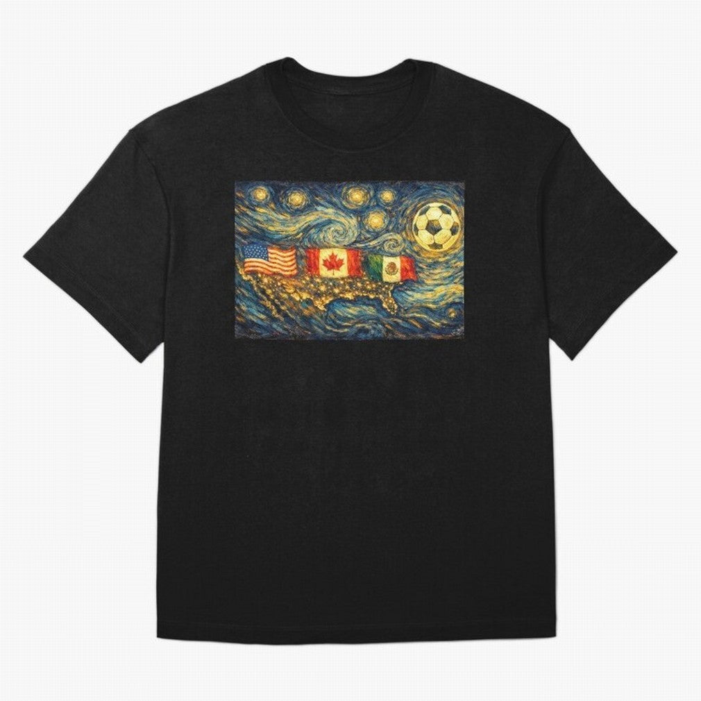 North America Soccer Starry Night Dreamy and Swirls Inspired from Van Gogh Classic T-Shirt Bring the FIFA World Cup 2026 Group Stage Journey through Mbappe Highlights, Spain Pride, Football Festival Excitement, Trophy Ambitions, Country Rivalries