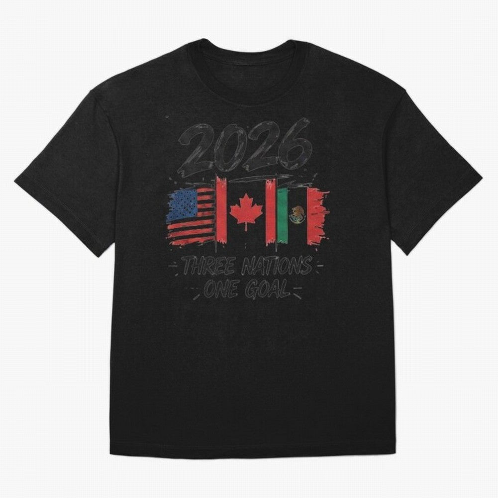 2026 Three Nations One Goal Football Tee Classic T-Shirt Relive the FIFA World Cup 2026 USA Canada Mexico Journey through Cristiano Ronaldo, Haaland and CR7 Highlights, England and Germany Pride, Vintage Soccer Flavor, Modern Football Stars,