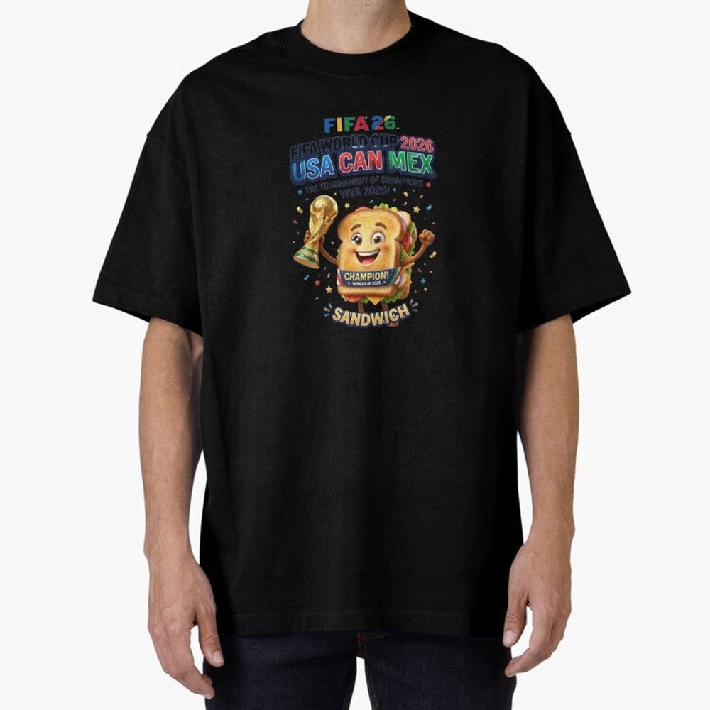 Cartoon Sandwich Champion Holding 2026 World Cup Trophy Classic T-Shirt Relive the Noise and Pride of Match Day Hype around FIFA World Cup 2026 USA Canada Mexico, Messi, CR7 and Mbappe, Argentina and Brazil, Retro Football Energy, Iconic Rivalries,