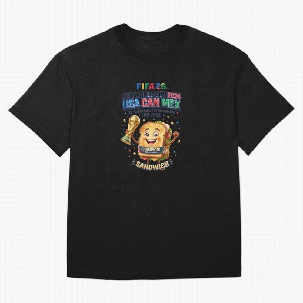 Cartoon Sandwich Champion Holding 2026 World Cup Trophy Classic T-Shirt Relive the Noise and Pride of Match Day Hype around FIFA World Cup 2026 USA Canada Mexico, Messi, CR7 and Mbappe, Argentina and Brazil, Retro Football Energy, Iconic Rivalries,