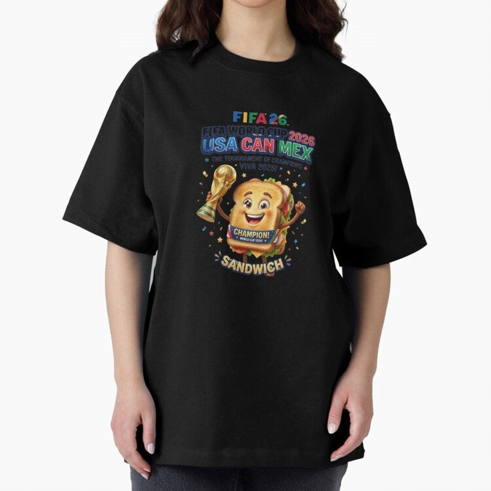 Cartoon Sandwich Champion Holding 2026 World Cup Trophy Classic T-Shirt Relive the Noise and Pride of Match Day Hype around FIFA World Cup 2026 USA Canada Mexico, Messi, CR7 and Mbappe, Argentina and Brazil, Retro Football Energy, Iconic Rivalries,