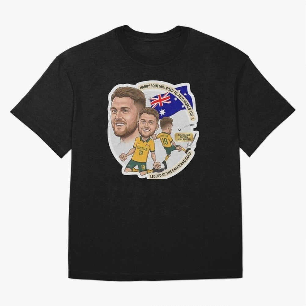 Harry Souttar Australia Football Legend Cartoon Illustration Classic T-Shirt Honor Champions and Dreams in FIFA World Cup 2026 Highlighting Messi, Neymar and Mbappe, France and Portugal Energy, Fan Favorite Moments, National Team Passion, Big Match