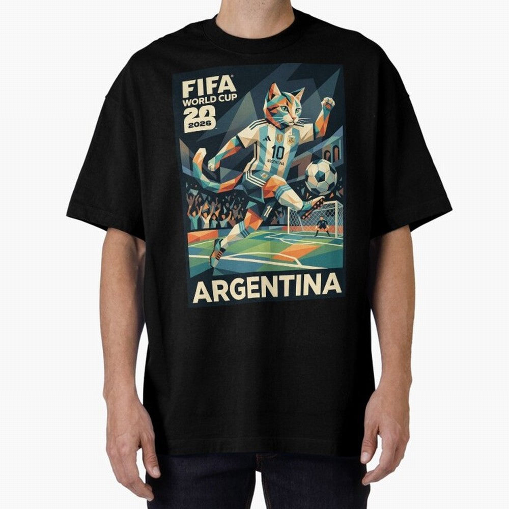 Argentina Cat World Cup 2026 ¨C Geometric Football Art Classic T-Shirt Upgrade Match Day Hype around FIFA World Cup 2026, Mbappe, England and Germany, Stadium Chants, National Pride, Trophy Dreams and Unforgettable Football Memories; Built for