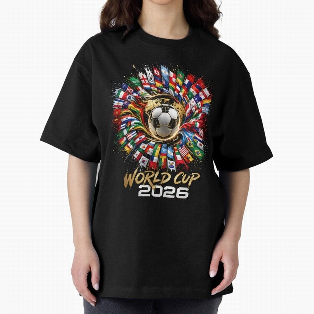 World Cup 2026 Flag Fusion Football T-Shirt Oversized T-Shirt Celebrate the Magic of FIFA World Cup 2026 USA Canada Mexico Featuring Mbappe, England, France and Netherlands Energy, Retro Football Energy, Iconic Rivalries, Trophy Chase Drama and