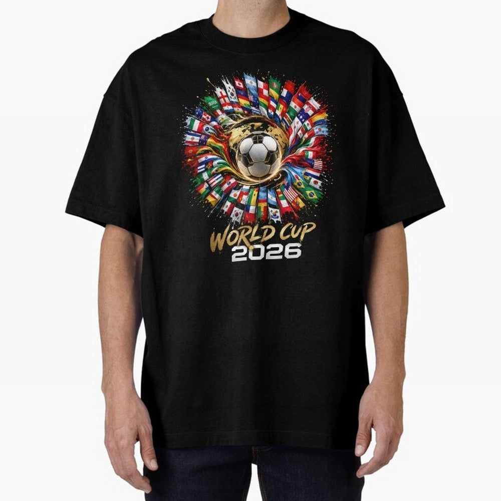 World Cup 2026 Flag Fusion Football T-Shirt Oversized T-Shirt Celebrate the Magic of FIFA World Cup 2026 USA Canada Mexico Featuring Mbappe, England, France and Netherlands Energy, Retro Football Energy, Iconic Rivalries, Trophy Chase Drama and
