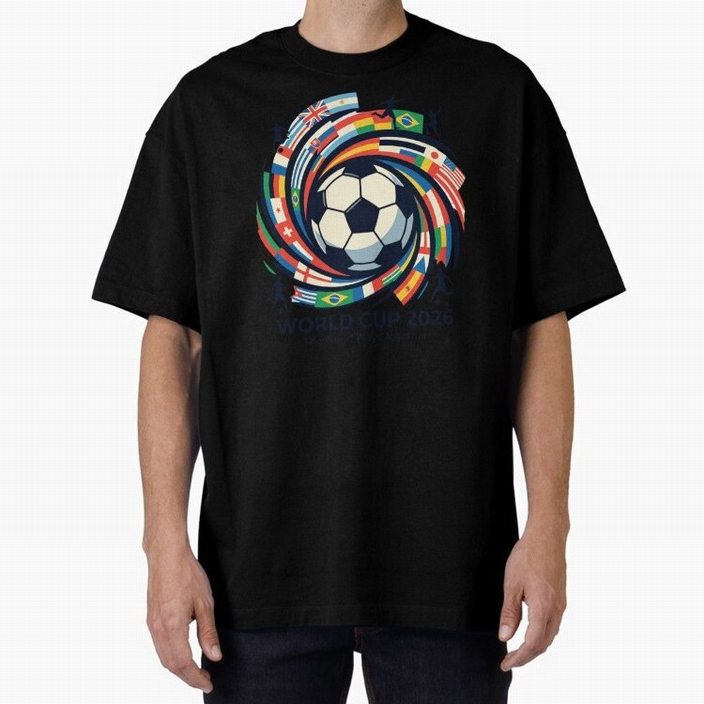 2D World Cup 2026 Football Spiral Flag Design T-Shirt Oversized T-Shirt Back Your Heroes with Match Day Hype around FIFA World Cup 2026, Messi, Neymar and Mbappe, Brazil, Portugal and Argentina, Football History, Final Match Energy, Crowd Noise and
