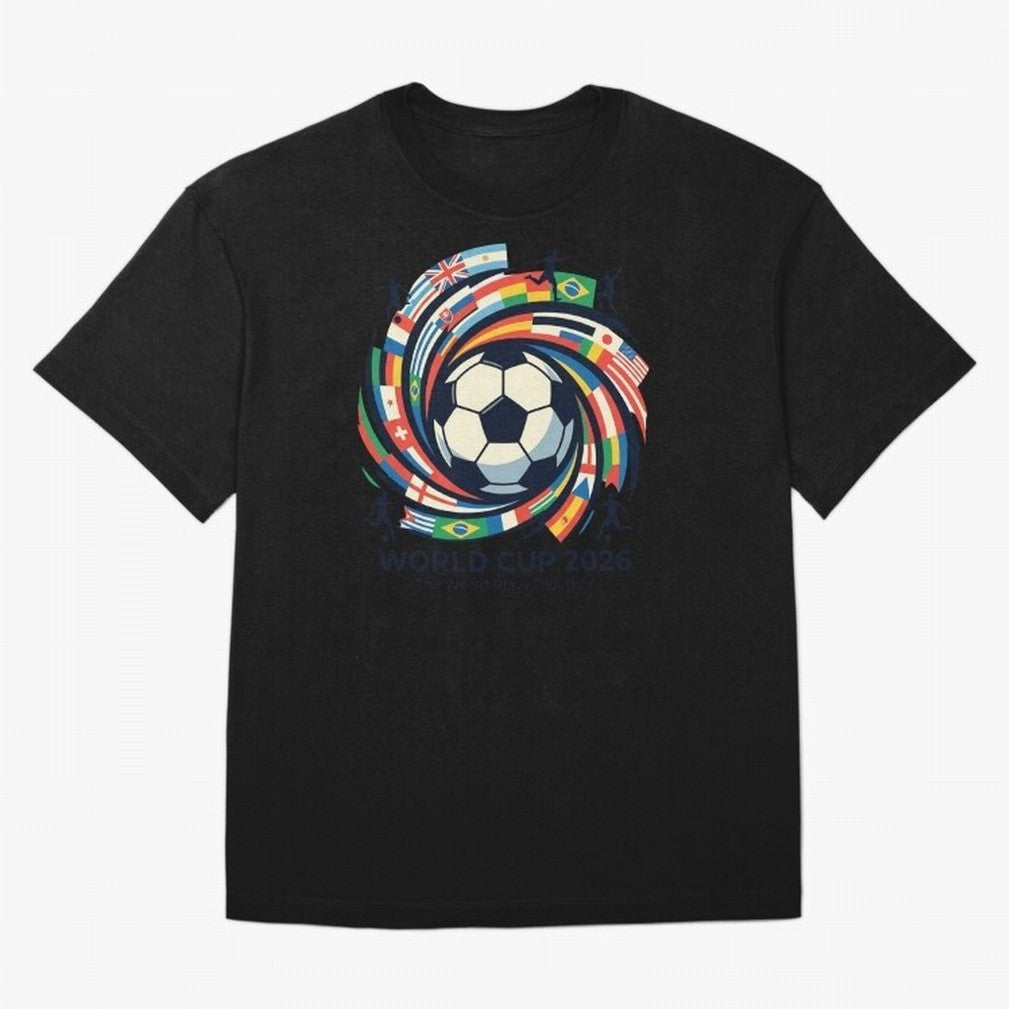 2D World Cup 2026 Football Spiral Flag Design T-Shirt Oversized T-Shirt Back Your Heroes with Match Day Hype around FIFA World Cup 2026, Messi, Neymar and Mbappe, Brazil, Portugal and Argentina, Football History, Final Match Energy, Crowd Noise and