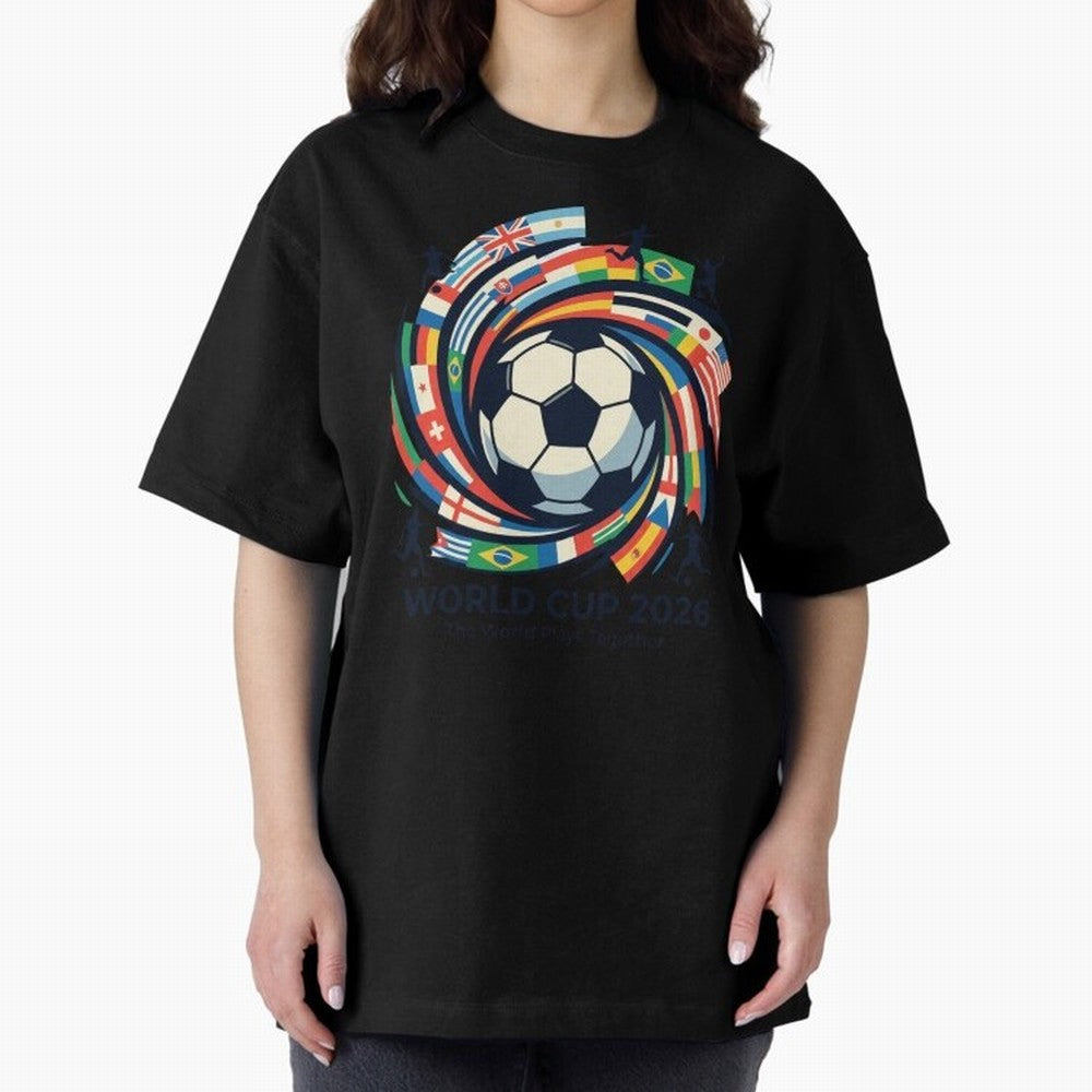 2D World Cup 2026 Football Spiral Flag Design T-Shirt Oversized T-Shirt Back Your Heroes with Match Day Hype around FIFA World Cup 2026, Messi, Neymar and Mbappe, Brazil, Portugal and Argentina, Football History, Final Match Energy, Crowd Noise and