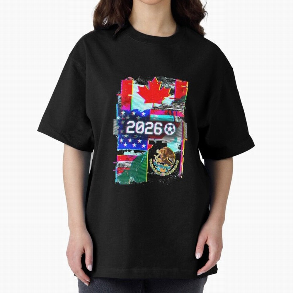 Glitched United 2026 - North America Tournament Emblem Oversized T-Shirt Fuel Your Fan Pride for Global Football Passion for FIFA World Cup 2026 USA Canada Mexico, Celebrating Mbappe, Argentina, Sports Nostalgia, International Competition, Famous