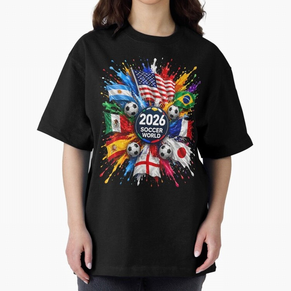 2026 Soccer World USA Flag Burst Fan Tee Oversized T-Shirt Live the Energy of FIFA World Cup 2026 Spirit, Built around Argentina and Brazil, Messi, Vintage Soccer Flavor, Modern Football Stars, National Flags and Final Night Emotion; Ideal for Fans