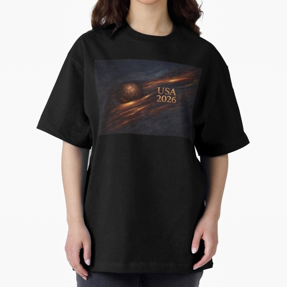 Soccer Ball with USA 2026 Inspired Oversized T-Shirt Turn Football Passion into FIFA World Cup 2026 Celebrating Messi and Cristiano Ronaldo, Spain Energy, Global Supporter Spirit, Legendary Goals, National Colors and Tournament Celebration; Great