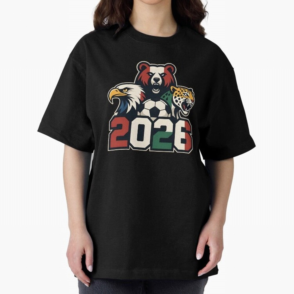 World Cup 2026 USA Canada Mexico Host Mascots Oversized T-Shirt Show Fan Pride Across Global Football Passion for FIFA World Cup 2026 Group Stage, Connected to Messi, CR7 and Mbappe, France and Portugal, Soccer Culture, Superstar Moments, National