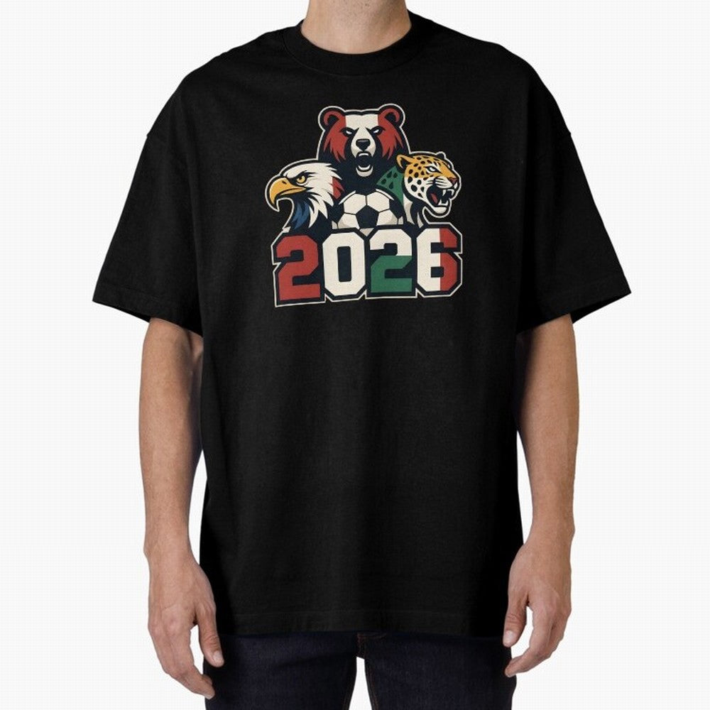 World Cup 2026 USA Canada Mexico Host Mascots Oversized T-Shirt Show Fan Pride Across Global Football Passion for FIFA World Cup 2026 Group Stage, Connected to Messi, CR7 and Mbappe, France and Portugal, Soccer Culture, Superstar Moments, National